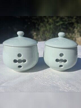 Vintage Japanese Celadon Double Walled Lidded Jars Set of 2 Grapevine Mint